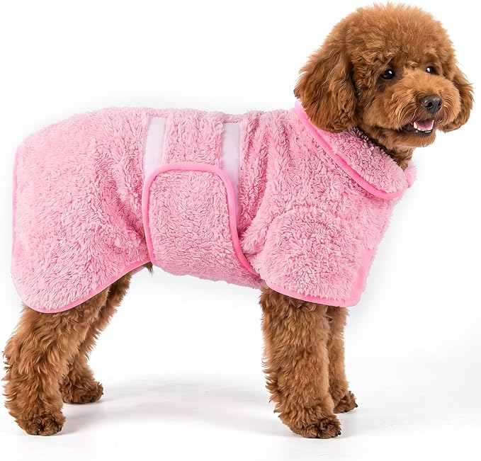 Bienbee Dog Bathrobe, Super Absorbent for Small to Large Dogs, Pink S | Dog Robes with Soft Fleece, Warm & Cozy, Adjustable Fit, and Quick Drying Coat for Baths Swimming and Grooming