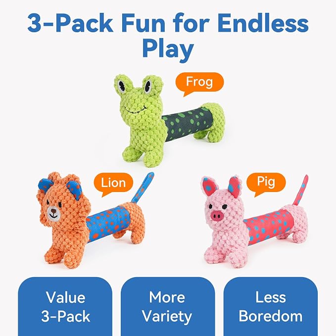 Squeaky Dog Toys for Small & Medium Dogs, Lion Rabbit Frog 3-Pack