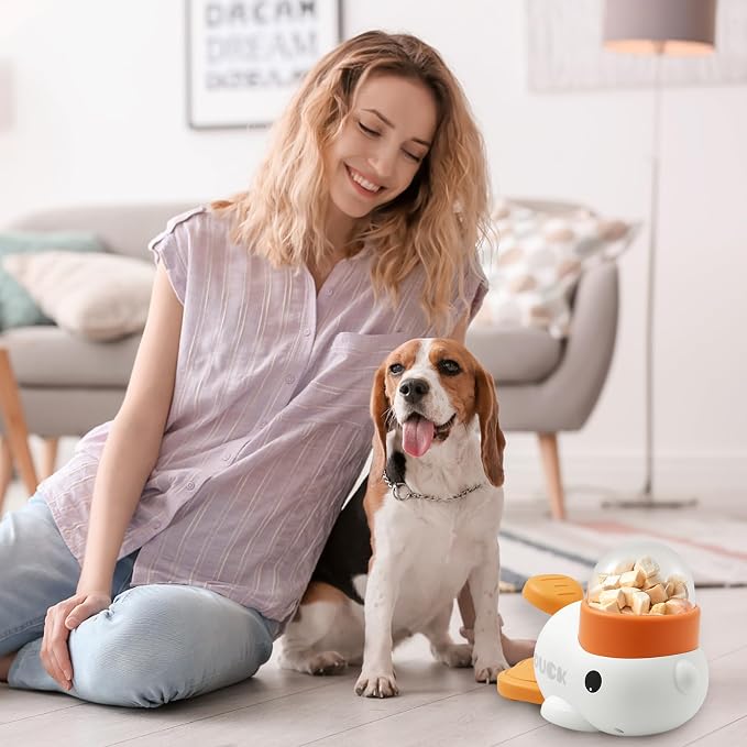 2-in-1 Dog Interactive Slow Feeder & Food Puzzle Toy, Automatic Dog Feeder Toy for Mental Stimulation & Healthy Eating, Stable Duck-Shaped Treat Dispenser for Healthy Eating & IQ Training