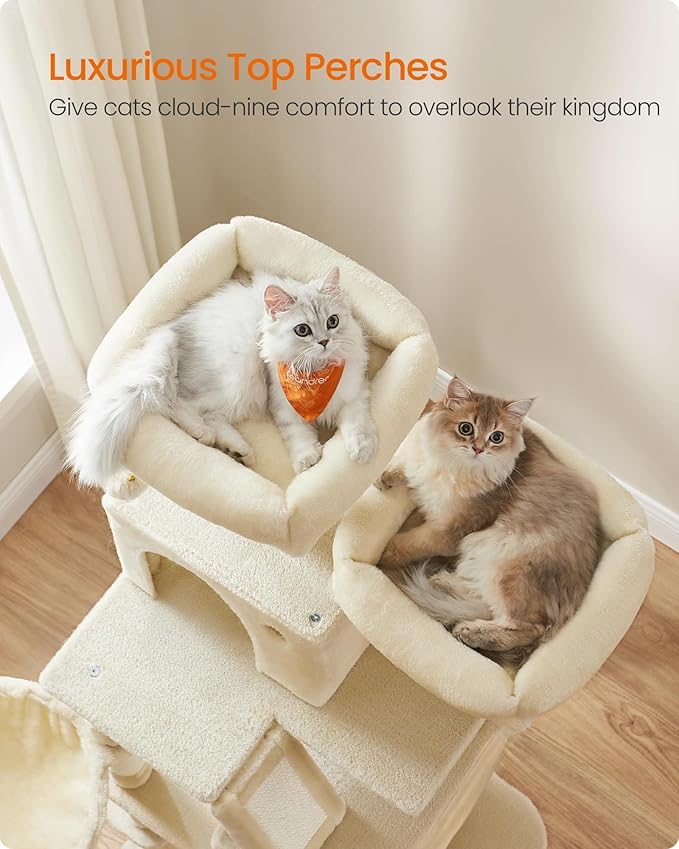 Feandrea Cat Tree, 66.1-Inch Large Cat Tower, Multi-Level Plush Condo with 13 Scratching Posts, 2 Perches, 2 Caves, Basket, Hammock, Pompoms, Beige UPCT165M01