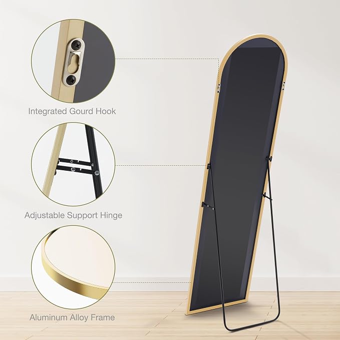 DUMOS 59"x16" Arched Full Length Floor Mirror, Full Body Mirror | Free Standing or Wall Mount, Nano Glass Aluminum Frame, Hanging or Leaning, Modern Simple Home Decor, Gold