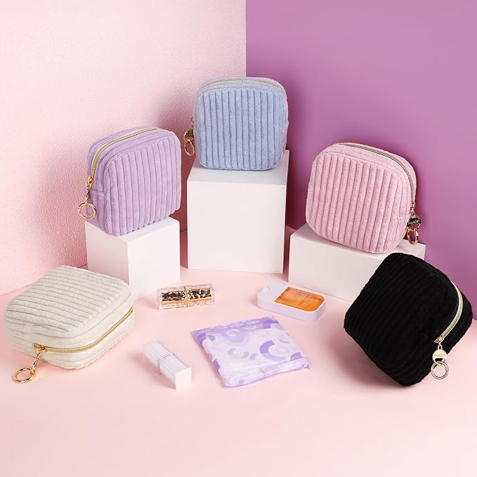 Period Bag for Teen Girls, Corduroy Sanitary Napkin Storage Bag, Fluffy Menstrual Pad PouchTampon Holder for Purse (Blue)