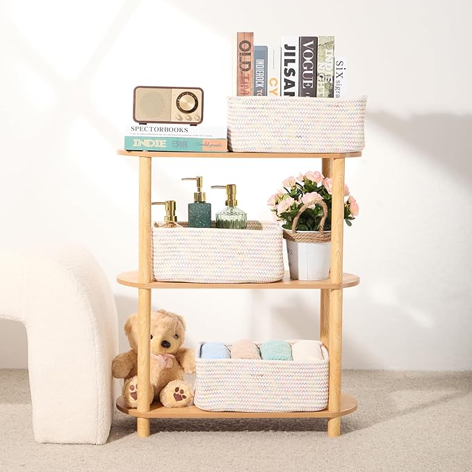 MiniArk Small Storage Baskets for Organizing | Closet Organizer Bins | Shelf Toy Basket | Woven Rope Baskets | Cube Decorative Box | Shallow Basket | 13x8.5x5.1” | 4 Packs Rainbow