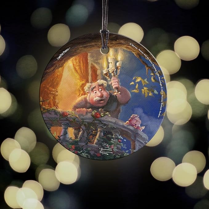 Thomas Kinkade Studios – Disney – Beauty and The Beast – Maurice’s Lantern Light – 3.5” Starfire Prints Hanging Glass Print Accessory – Officially Licensed - Ideal for Gifting and Collecting SPCIR738