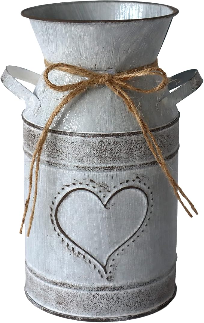 Galvanized Milk Can Antique Retro Vase Metal Planter Rustic Vintage Primitive Flower Holder Farmhouse Country Plant for Home Office Decor, 7.6”