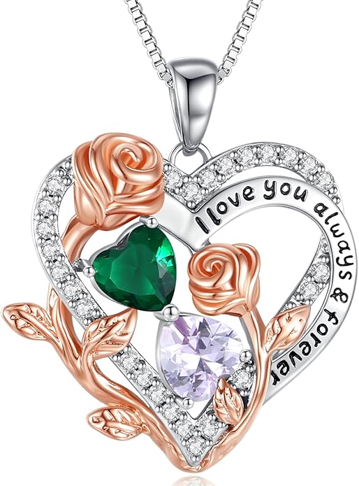 I Love You Birthstone Necklace, 925 Sterling Silver Heart Pendant with CZ Diamond Stones, Birthday Gifts for Women, Romantic Gift for Wife, Girlfriend, Her, Anniversary, Valentine's Day, Christmas