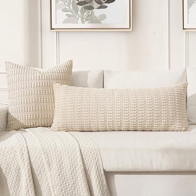 MIULEE Lumbar Corduroy Throw Pillow Cover for Bed 14x36 Cream White | Pack of 1 Soft Long Decorative Cushion Cover Boho Farmhouse Accent Pillowcase Sofa Couch Livingroom Home Decor
