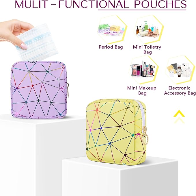 Likesing Period Bag for Tampon, Leather Sanitary Napkin Storage Bag for Girls Womens, Portable Sanitary Napkin Period Pad Pouch for Purse, Small Make Up Bags(Colorful Purple)
