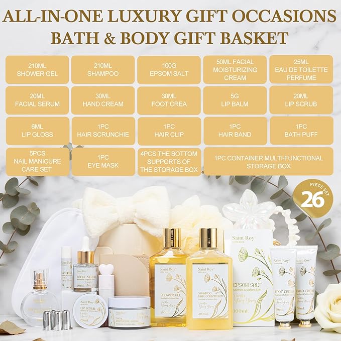 Mothers Day Gifts for Women, 23Pcs VANILLA & YLANG YLANG Spa Gift Basket for Women, Face Skin Lip Care, Bath & Body Set, Self Care Kit, Facial Cream, Birthday, Christmas, Valentines, Anniversary