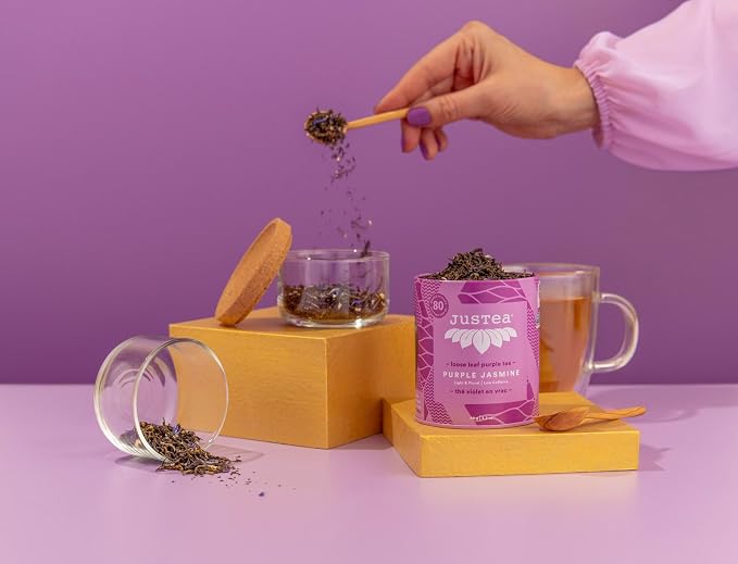 JusTea PURPLE JASMINE | Loose Leaf Purple Tea | Tin with Hand Carved Tea Spoon | 40+ Cups (3.2oz) | Low Caffeine | Award-Winning | Fair Trade | Non-GMO