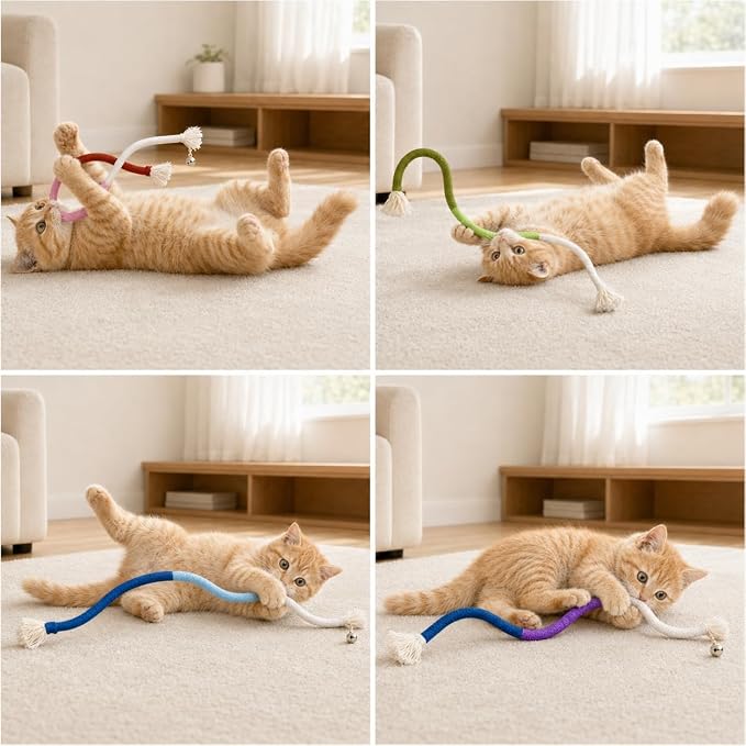 4-Pack Cat Toys for Indoor Cats, Woven Cotton Rope Toys with Bells