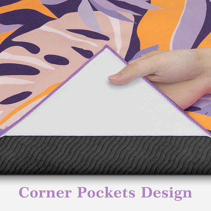 Yoga Towel Hot Yoga Mat Towel with Corner Pockets, 70 x 26 inch, Non-Slip Sweat-Absorbent Soft Microfiber Yoga Blanket for Pilates, Fitness and Workout, Purple