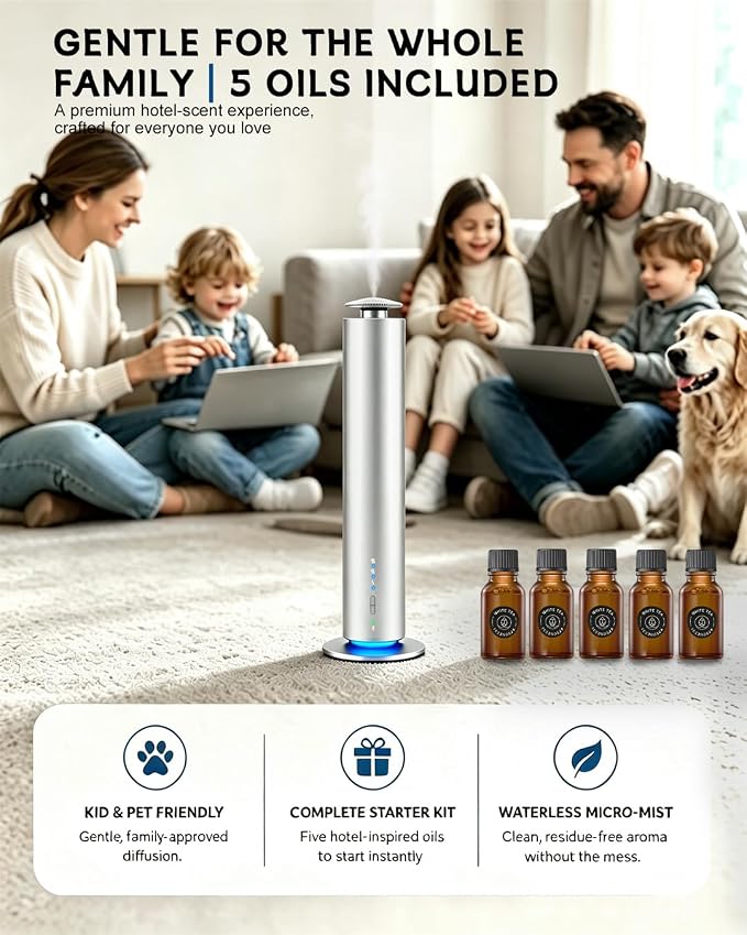 JEKAL Waterless Scent Diffuser Starter Kit with 5 Oils - Smart APP Cold Air Scent Machine, Up to 2000 Sq Ft for Homes Offices Hotels Spas - Quiet Essential Oil Diffuser 8H Battery 3-Color Light,Sliver