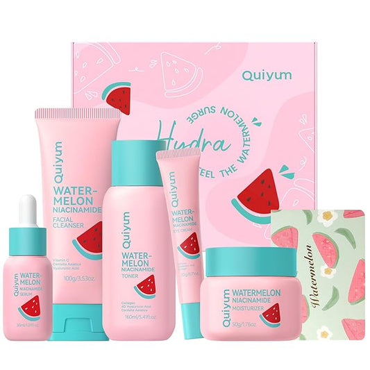 Watermelon Niacinamide Skin Care Set, Routine Beauty Skin Care for Teens- Gift Set with Cleanser, Toner, Eye Cream, Cream, Serum, Facial Juicy Glow Up Set for Women, Girls, for All Skin Types