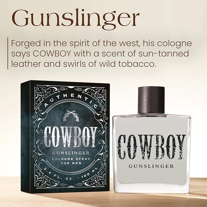 Tru Western Cowboy Gunslinger Men’s Cologne Spray, Bergamot, Huckleberry, Sage, Leather & Tobacco Notes, Bold Western Scent for Men, 3.4 fl oz (100 ml)