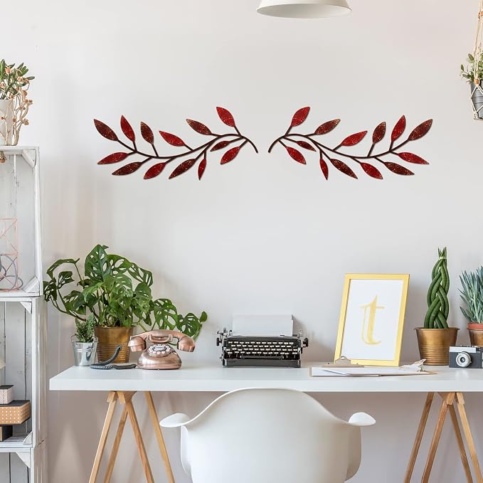 Zhengmy 2 Pcs Metal Leaf Wall Art Vine Branch Decor,Autumn Color | Olive Branch Metal Decor for Living Room Hallway, Symmetrical Leaf Pair for Doorway Entryway, Lightweight Hanging Art Design