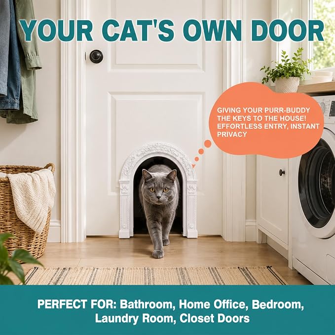 XL Cat Door for Interior Doors Easy to Install in Minutes, No-Flap, White | No Training Required, for Cats Up to 30 lbs, DIY Paintable, Fits 1.25"–1.75" Hollow & Solid Door, Retro Farmhouse Style