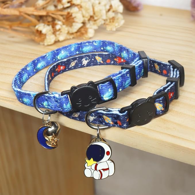 Cat Collar Breakaway, 2 Pack Cotton Kitten Collars with Bells and Removable Charms, Cute Astronaut Shaped for Indoor Boy, Girl and Adult Cats