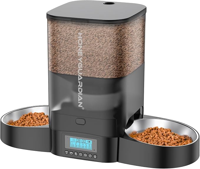 HoneyGuaridan Automatic Cat Feeder for 2 Cats,Cat Food Dispenser | Timed Cat Feeder Programmable 1-6 Meals Control, Prevent Fighting, Precise Portion, Blanced Dispense, Voice Recorder