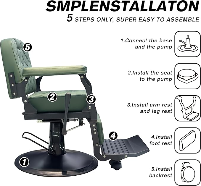 Barber Chair for Hair Stylist, Heavy Duty Salon Chair Supports up to 550lbs, Black Barber Chair Reclining, 360 Degree Swivel for Professional Salon (Green)