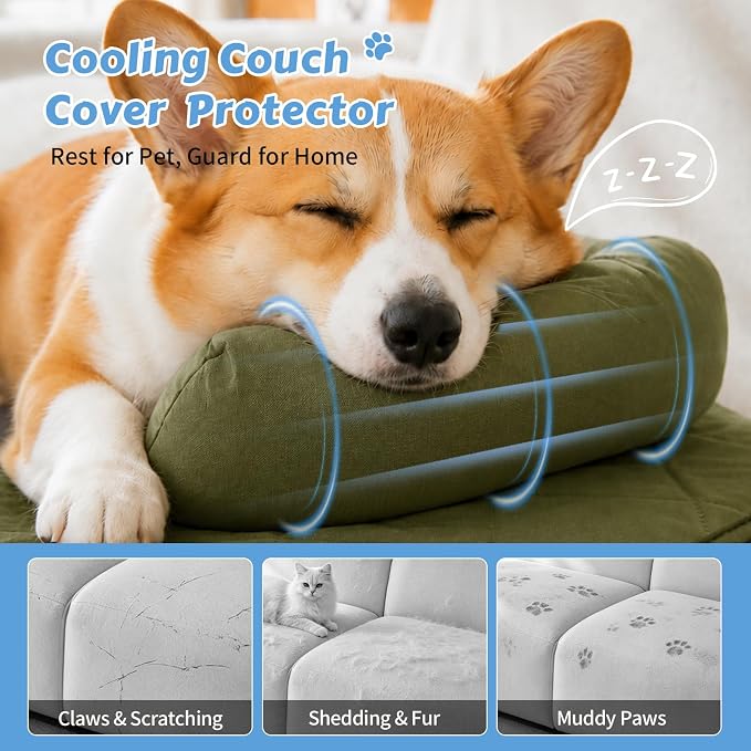 Cooling Dog Bed Mats with Neck & Head Support, 35.43 x31.5 inch Army Green | for Small and Medium Dogs & Cats, Non-Slip, Machine Washable, Protects Sofa from Fur & Scratches