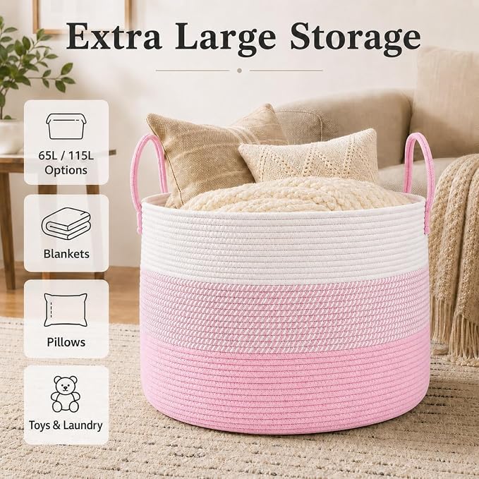 JMvicyroam 115L Extra Large Blanket Basket for Living Room - Woven Cotton Rope Laundry Hamper with Reinforced Handles - Storage Bin for Pillows, Comforters & Toys - Machine Washable,White&Pink Mix