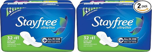 Stayfree Ultra Thin Super Long Pads with Wings For Women, Reliable Protection and Absorbency of Feminine Moisture, Leaks and Periods, 32 count (Pack of 2)