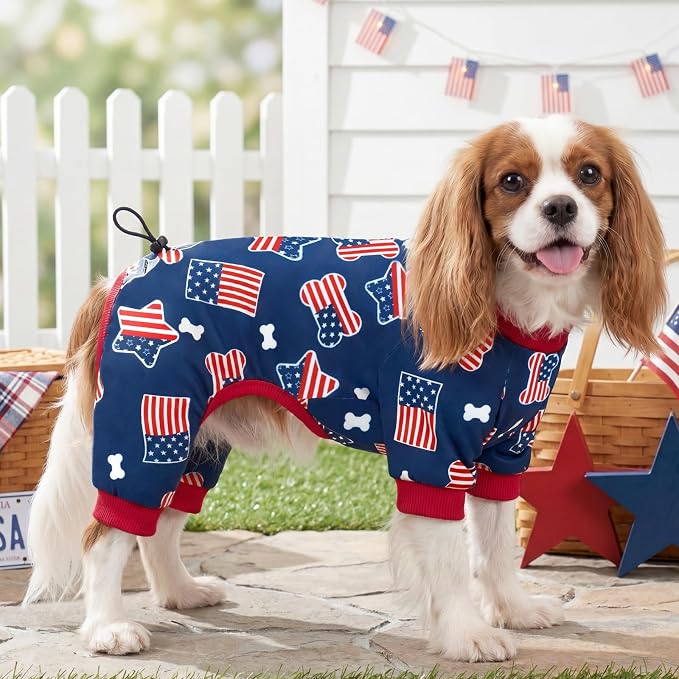 XPUDAC 4th of July Dog Pajamas, Cute Patriotic Dog Clothes with Adjustable Drawstring, Funny Pet Pjs American Flag Pet Outfit for Small Medium Dogs Independence Day, M