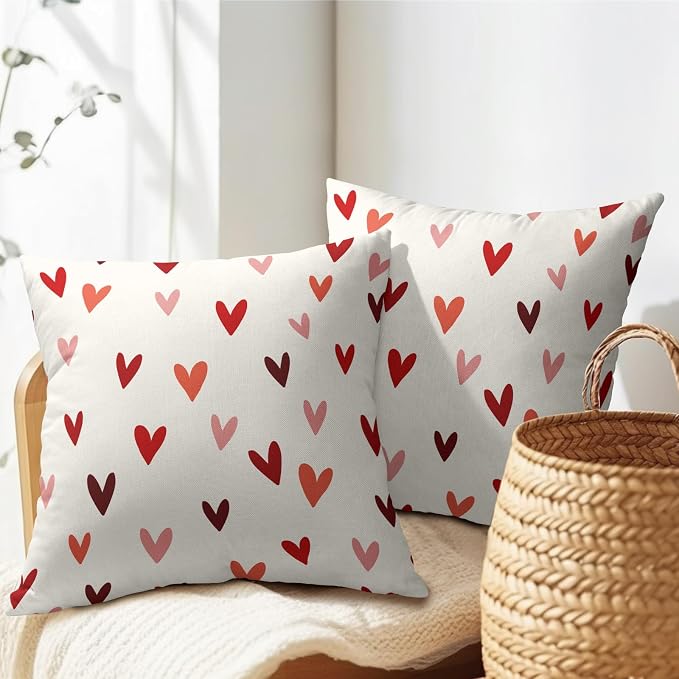 Kawani Valentines Day Throw Pillow Covers 16x16 Inch Set of 2 Pink Red Hearts Love Wedding Square Pillowcase Cotton Linen Cushion Case for Sofa Couch Porch Bedroom Living Room Decor
