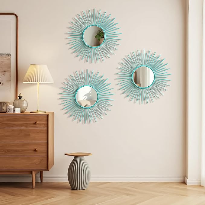 3 Pack Metal Mirrors for Wall Sunburst Wall Mirrors Home Décor Decorative Hanging Wall Art for Living Room Bedroom Entryway (Greenish Blue, Sunburst)