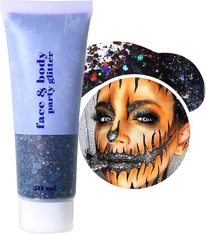 Black Body Glitter,Face Hair Glitter for Kids and Women, Chunky Sequins Glitters Makeup, Halloween Accessories (Halloween Themed)