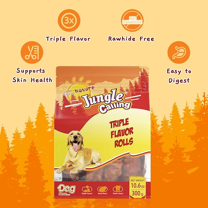 Jungle Calling Triple Flavor Rolls Dog Treats, Chicken Duck & Beef, 10.6 oz | Rawhide Free Treat for Small, Medium & Large Breeds, Limited Ingredient Chews Perfect for Daily Reward, Easily Digestible