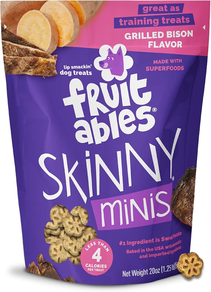 Fruitables Skinny Mini Dog Treats, Healthy Sweet Potato Treat for Dogs, Low Calorie & Delicious, Puppy Training, No Wheat, Corn or Soy, Made in the USA, Grilled Bison Flavor, 20oz