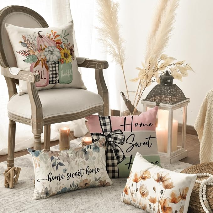 AVOIN colorlife Fall Pumpkin Home Sweet Home Throw Pillow Covers, 18 x 18 Inch Autumn Thankful Grateful Blessed Harvest Floral Pink Decorations for Sofa Couch Set of 4