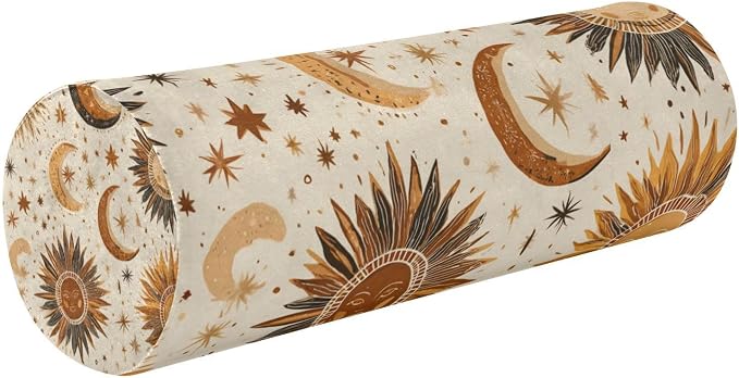 Brown Boho Sun Moon Neck Roll Pillow Bolster Round Health Memory Foam Long Cervical Cylinder Pillows with Removable Washable Cover for Body Bed Legs Back Yoga