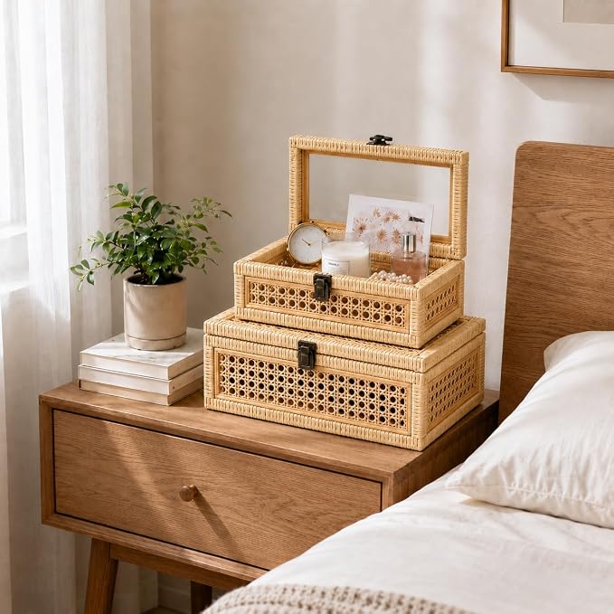 Set of 2 Handwoven Boho Rattan Decorative Boxes with Glass Lid | Wicker Display Boxes for Jewelry, Keepsakes & Home Decor, Stackable Boho Organizer for Coffee Table, Bedroom & Shelf