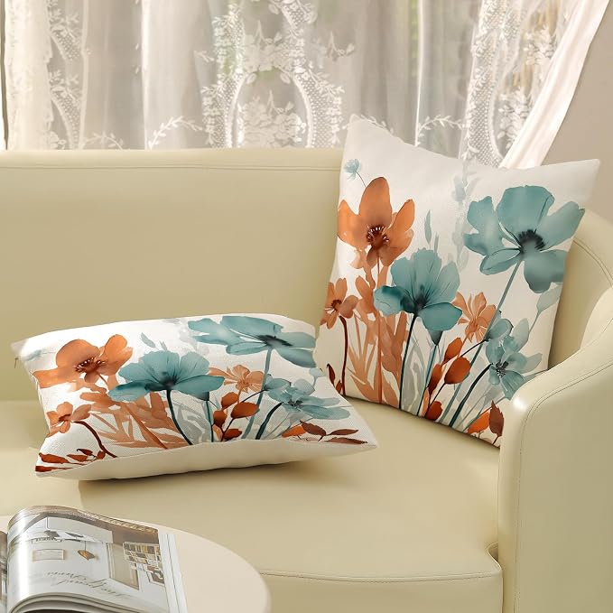 Floral Pillow Covers 18x18 Inches Set of 2 Fall Orange Teal Floral Throw Pillow Cover Outdoor Summer Flower Decoration Pillowcase Farmhouse Decorative Square Cushion Cover Decor for Home Sofa