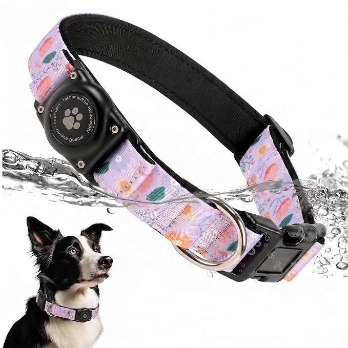 Upgrade Dog Collar with AirTag Holder, IP68 Waterproof, Lavender Garden, M | Built-in Water Resistant AirTag holder, 1000D Nylon, Reflective Stitching for Night Visibility, Soft padding for Comfort