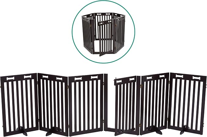 Arf Pets Freestanding Dog Gate with Door, 6 Panel 360° configurable Wooden Fence, 120" Wide, 31.5" Tall, Foldable, Four Support Feet Included, for The House - Indoor Use