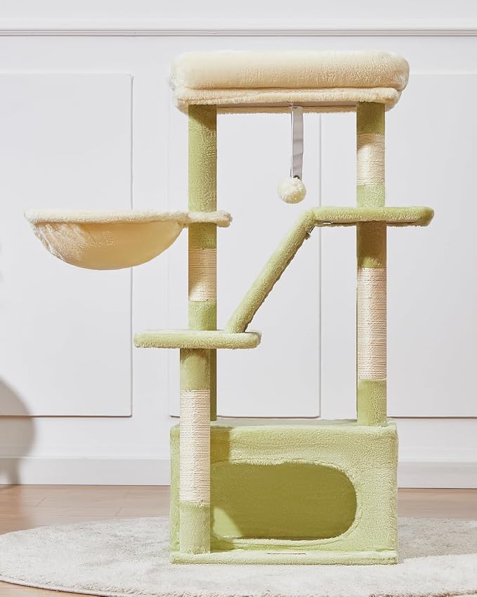 Taoqimiao Cat Tree, 38.5In Cat Tower for Indoor Cats, Suitable for Kittens | Thick Padded Top Perch, Luxurious Cat Condo, Adjustable Basket, 1-Piece Ramp Scratcher, 3 Sisal Posts, Green & Beige MS029SGB