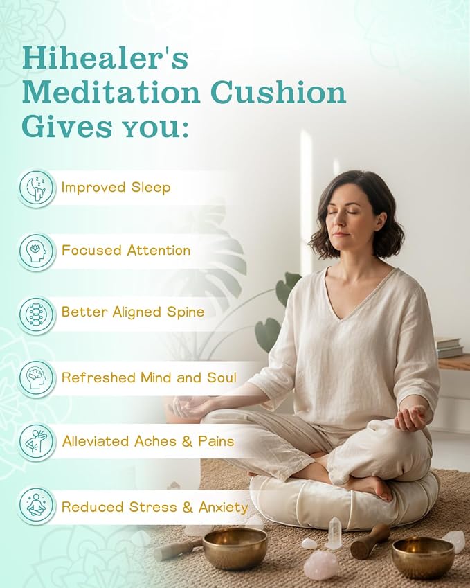 Hihealer Premium Crescent Meditation Cushion, Ergonomic Buckwheat Hull Floor Pillow for Adults, Comfortable Yoga Bolster for Meditation & Floor Sitting (Cream)