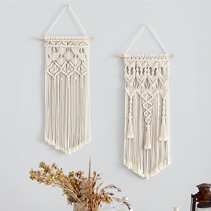 Mkono 2 Pcs Macrame Wall Hanging, Boho Woven Chic Tapestry Decor, Ivory | 28"L x 13"W, Bohemian Wall Decor, Hand-Woven Craft, Multi-Scene, Bedroom Nursery Living Room Apartment, Girls Adults Gift