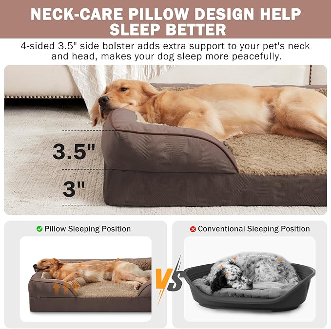 L Plus Orthopedic Dog Bed for Large Dogs, Washable Dog Sofa with Egg-Crate Foam, Waterproof Lining and Non-Skid Bottom