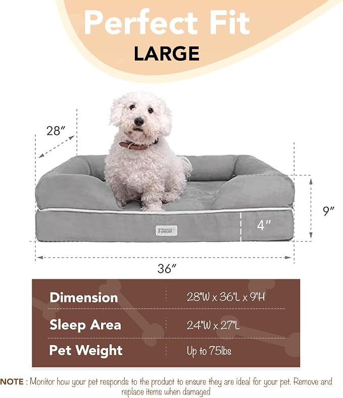 Friends Forever Large Dog Bed Couch, Orthopedic Pet Sofa Memory Foam | Dog Couch with Washable Removable Bed Cover, Non-Slip Bottom, Indoor Calming Chairs Mattress, Chester, Pewter Grey Large