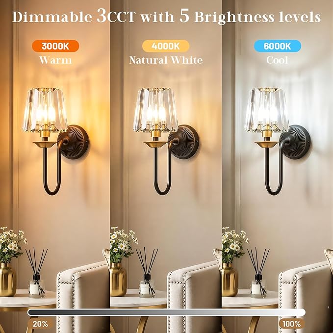 Black and Gold Battery Operated Wall Sconces Set of Two, Crystal Wireless Rechargeable Wall Lights with Remote, Dimmable 3 CCT and 12 RGB Cordless Wall Lamps for Bedroom Living Room Decor