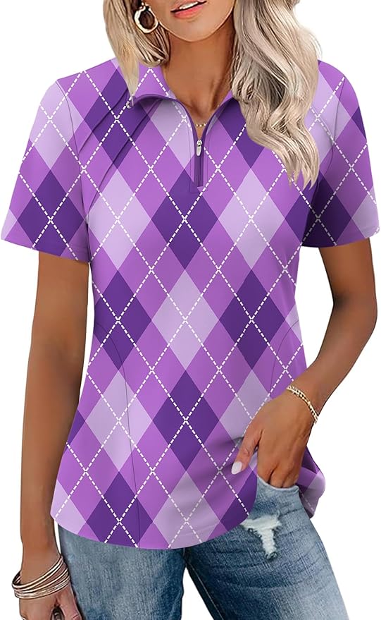 LOMON Womens Golf Polo Shirt Summer Short Sleeve Quarter Zip Outfit | Side-Pockets,Princess Seams,Cotton,Wrinkle Free,Moisture Wicking,Quick-Dry,Lightweight,Collared,for Tennis Workout