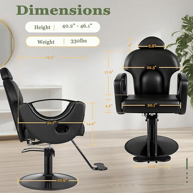 All Black Salon Chair Reclining Hair Chair for Hair Stylist, Heavy Duty Hydraulic Pump Barber Chairs, 360 Swivel Styling Chairs for Home Barbershop Beauty Spa Equipment