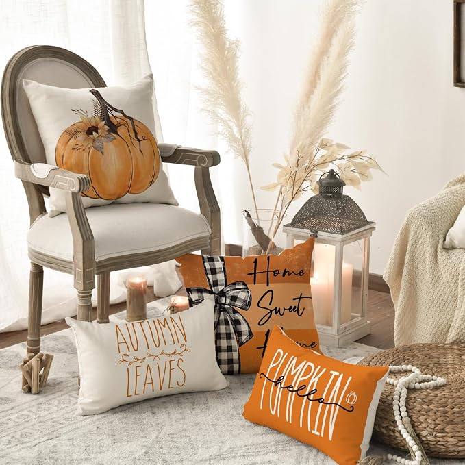AVOIN colorlife Fall Pumpkin Home Sweet Home Throw Pillow Covers, 16 x 16 Inch Autumn Thankful Grateful Blessed Harvest Floral Orange Decorations for Sofa Couch Set of 4