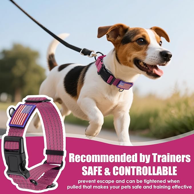 Martingale Dog Collar Reflective NO Pull with USA Flag, L,Hot Pink