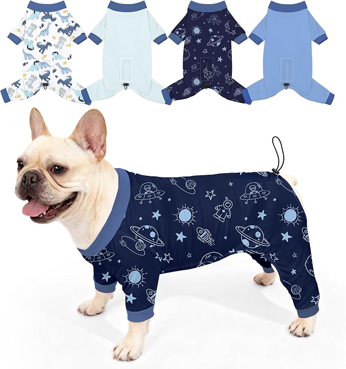 Bienbee Dog Pajamas, 4 Pack Adjustable Onesies for Small to Large Dogs L | Dog Shedding Suit with Soft Fabric, Breathable & Stretchy, and Adjustable Back Length for Sleeping Lounging and Daily Use